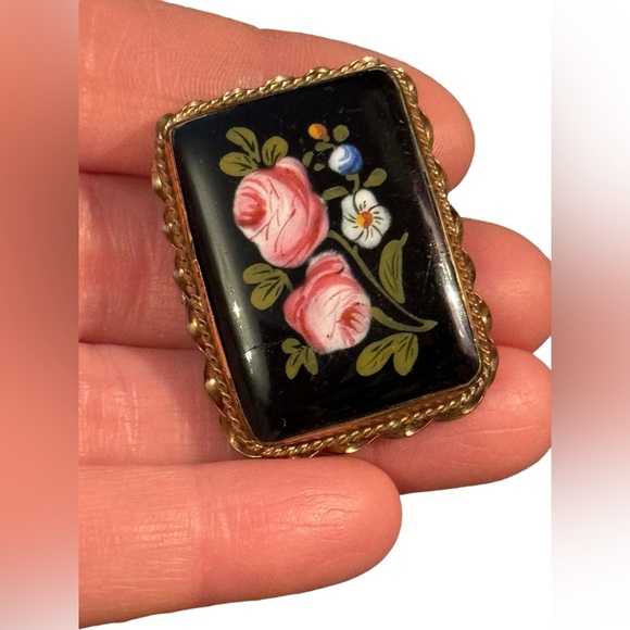 Antique Hand Painted Blue Flower Black Enamel Brooch Ornate Gold Lg Art Nouveau - Picture 2 of 9